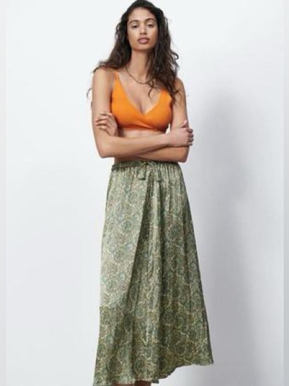 Zara paisley print satin effect midi skirt with ties sz.XS
